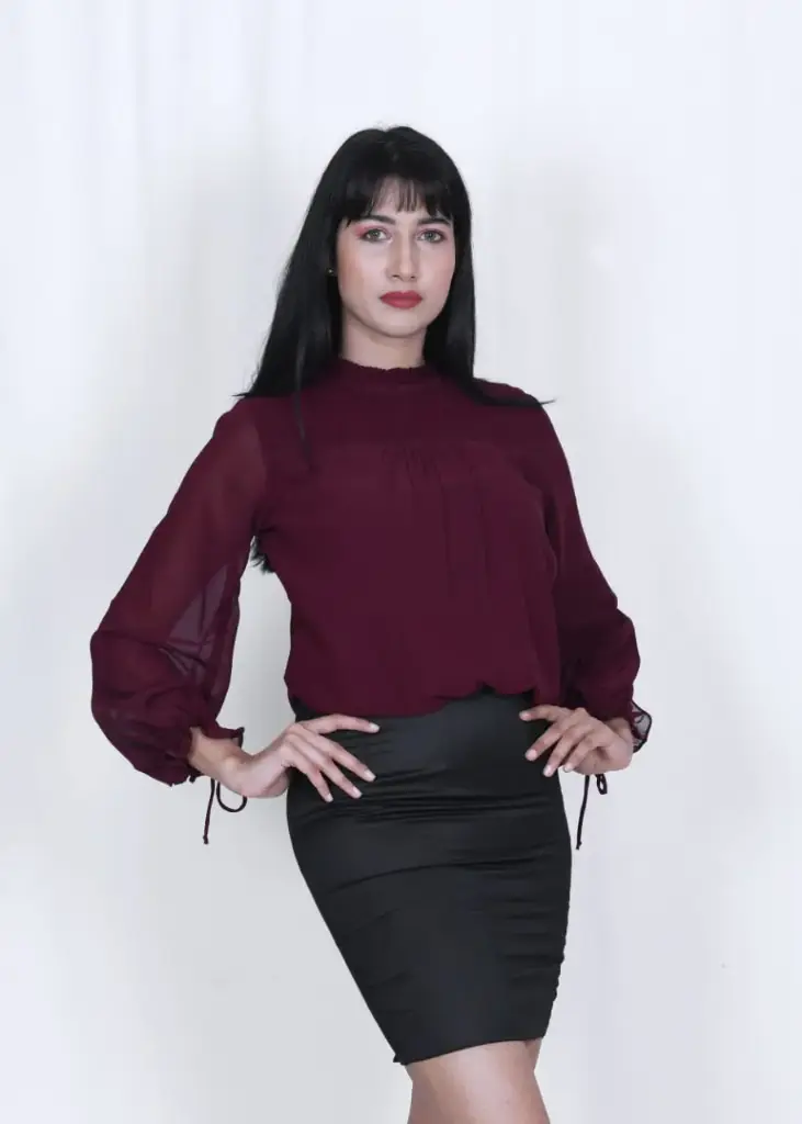 Wine Sheer Bishop Sleeve Top with Black Bodycon Skirt