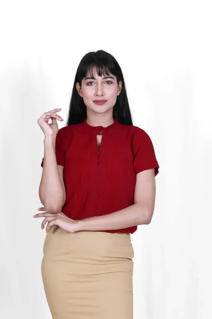 Maroon Pleated Mandarin Collar Top