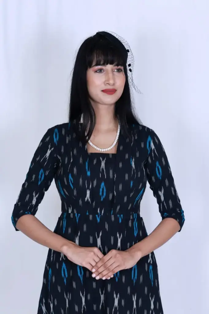 Black & Blue Ikat Fit and Flare Midi Dress 