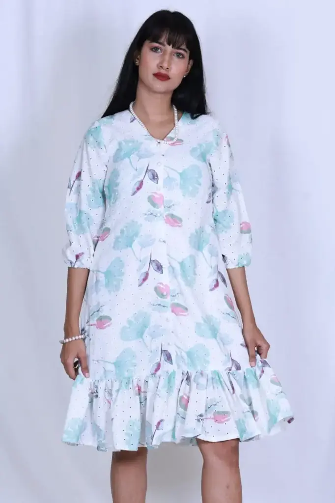 White Ruffle Hem Floral Dress with Puff Sleeves