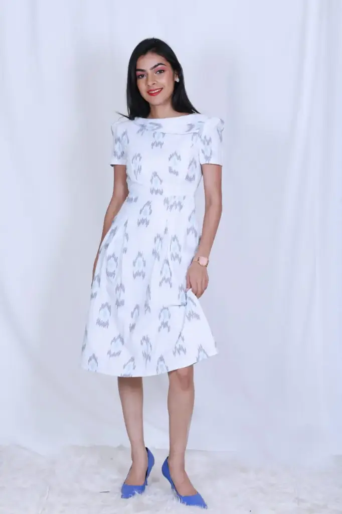 Elegant Ikat Print Cotton Dress – White & Grey