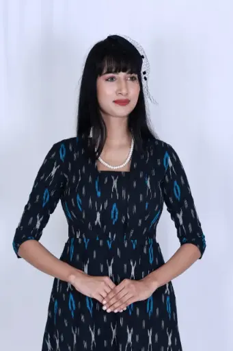 Black & Blue Ikat Fit and Flare Midi Dress 
